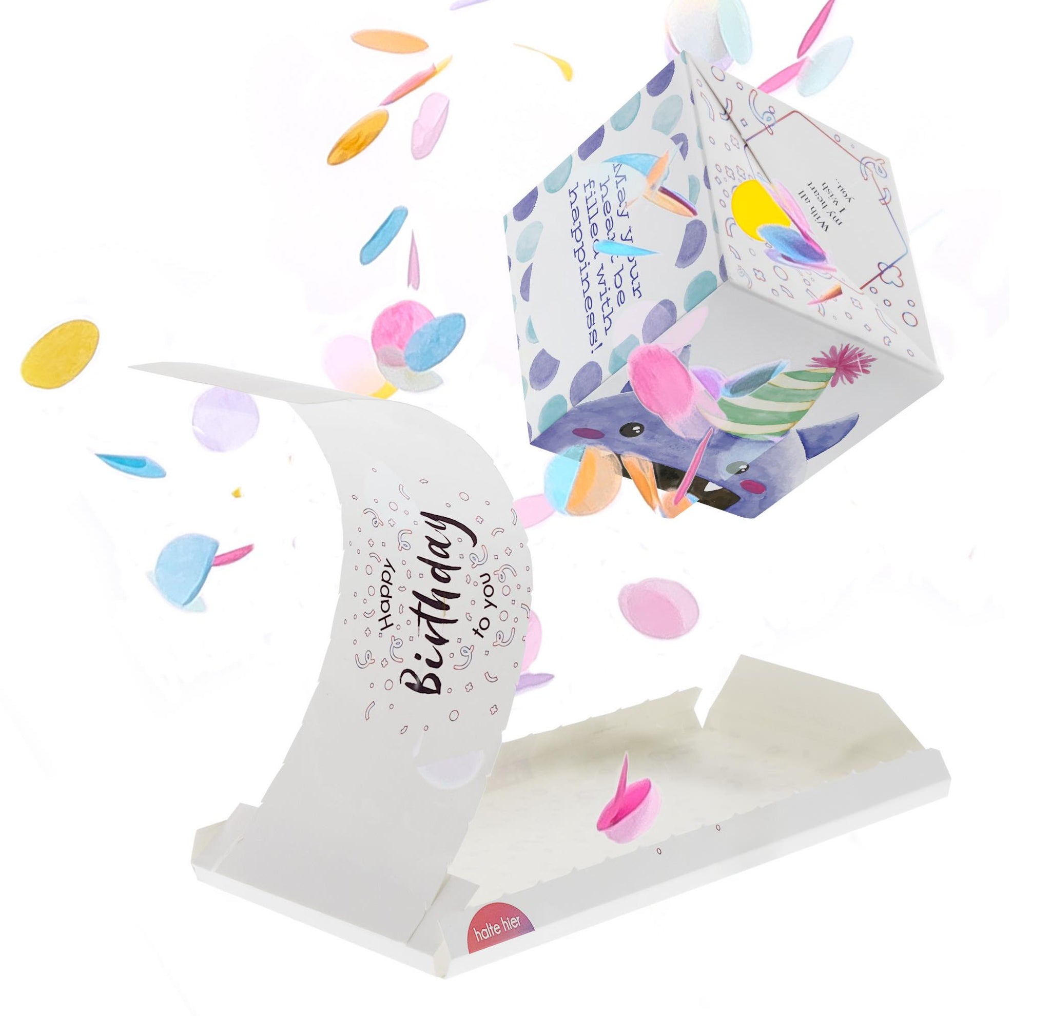 exploding 3D pop up greeting card for birthday with confetti